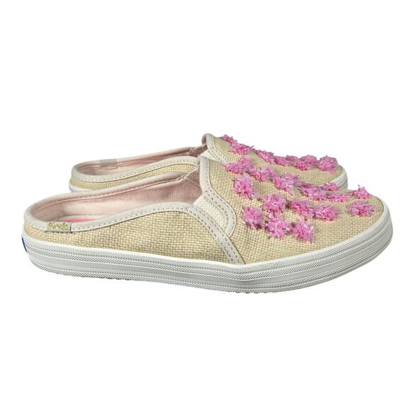 Keds Kate Spade Shoes Womens 6.5 Beige Pink Floral Mule Slip On Raffia Pom Slide - Picture 1 of 11